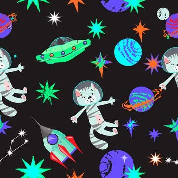 Space seamless pattern design for children with cute cat astronaut, vector. Stock Illustration