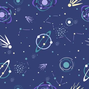 Space seamless pattern with doodle cosmic elements. Vector illustration. Stock Illustration