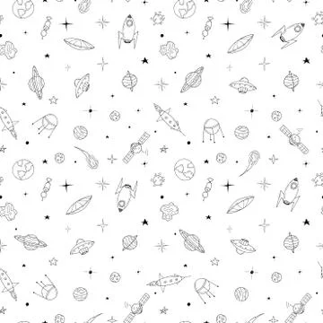 Space seamless pattern in doodle style. Stock Illustration