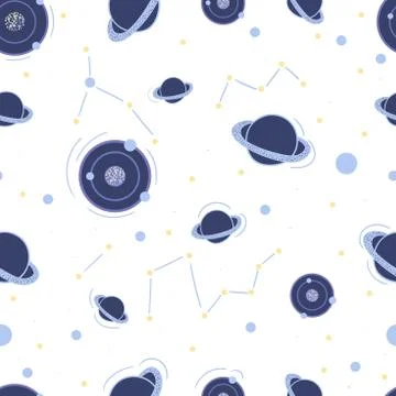 Space seamless pattern in doodle style with planets, constellation. Stock Illustration