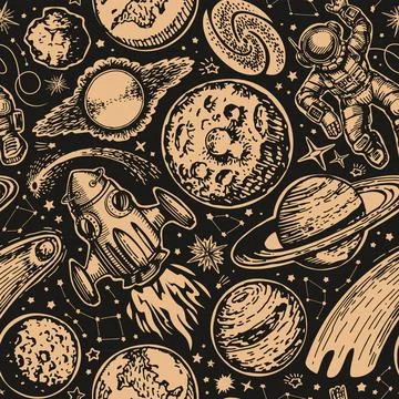 Space seamless pattern. Fantasy background with planets and stars. Futuristic Stock Illustration