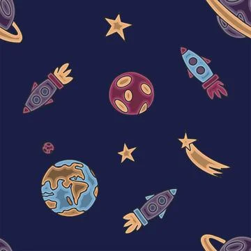 Space seamless pattern. Hand draw space illustration with a rocket, astronaut Stock Illustration
