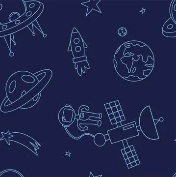 Space seamless pattern. Hand draw space illustration with a rocket, astronaut Stock Illustration