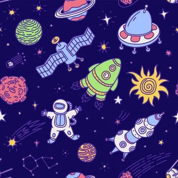 Space seamless pattern in hand drawn doodle style, cartoon vector illustration. Illustrazione stock