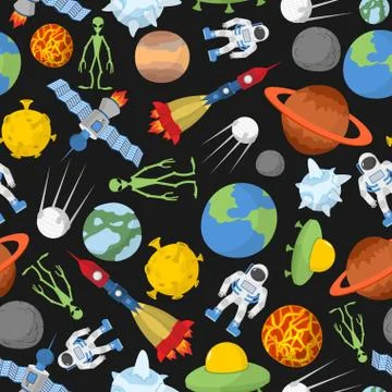 Space seamless pattern. Planets and rockets, UFO and alien, satellite and ast イラスト素材