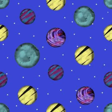 Space seamless pattern with planets and stars. Bright texture for kids. Stock Illustration