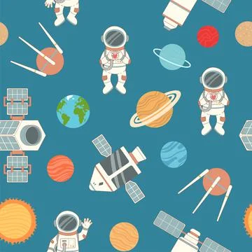 Space seamless pattern, planets and ships, vector Stock Illustration