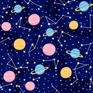 Space seamless pattern with planets, constellations, stars, childish ornate for Stock Illustration