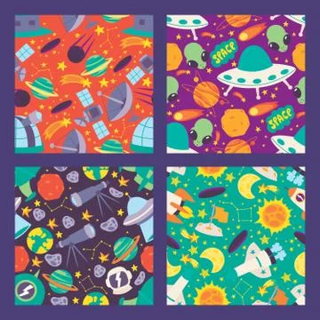 Space seamless pattern. Planets, moon, satellites, rockets and stars. Cartoon Stock Illustration