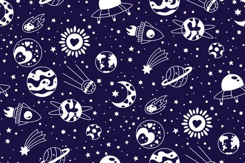 Space seamless pattern with planets rocket comet stars wallpaper fabric Stock Illustration