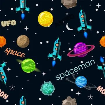 Space Seamless pattern planets, rockets and stars retro イラスト素材