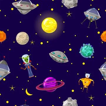Space Seamless pattern planets, rockets and stars Stock Illustration