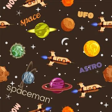 Space Seamless pattern planets, rockets and stars Stock Illustration