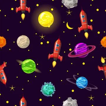 Space Seamless pattern planets, rockets and stars Stock Illustration