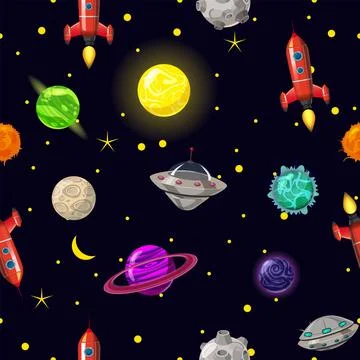 Space Seamless pattern planets, rockets and stars Stock Illustration