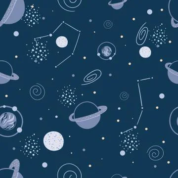Space seamless pattern with planets, stars, galaxy. Doodle cosmic background. Stock Illustration