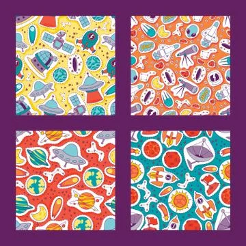 Space seamless pattern. Planets,comets, moon, satellites, rockets, constellation Illustrazione stock