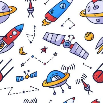 Space seamless pattern print design. Doodle Vector illustration design for fa イラスト素材