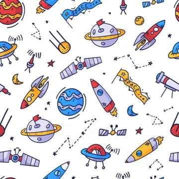 Space seamless pattern print design. Doodle Vector illustration design for fa Stock Illustration