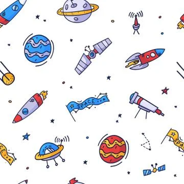 Space seamless pattern print design. Doodle Vector illustration design for fa イラスト素材
