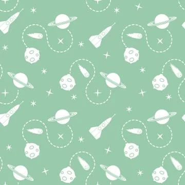 Space seamless pattern with rocket, planet, stars. イラスト素材