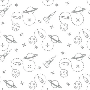 Space seamless pattern with rocket, planet, stars. Stock Illustration