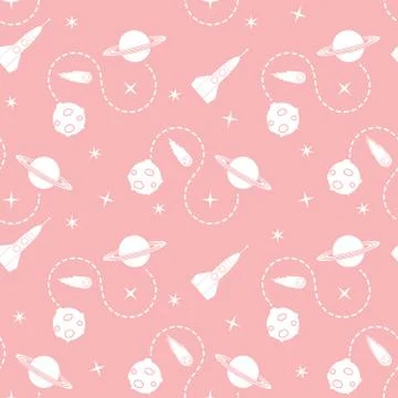 Space seamless pattern with rocket, planet, stars. Stock Illustration
