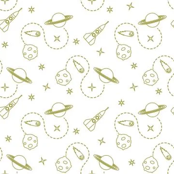 Space seamless pattern with rocket, planet, stars. Stock Illustration