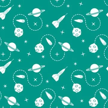 Space seamless pattern with rocket, planet, stars. Stock Illustration