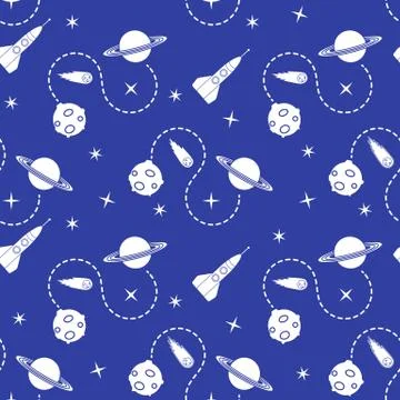 Space seamless pattern with rocket, planet, stars. Stock Illustration