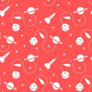Space seamless pattern with rocket, planet, stars. Illustrazione stock