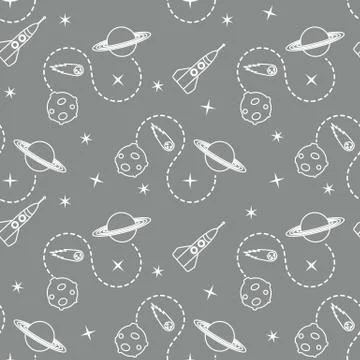 Space seamless pattern with rocket, planet, stars. Stock Illustration