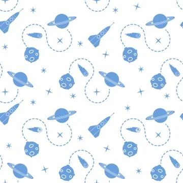 Space seamless pattern with rocket, planet, stars. Stock Illustration