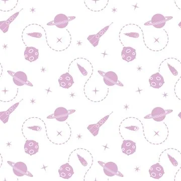 Space seamless pattern with rocket, planet, stars. 스톡 일러스트