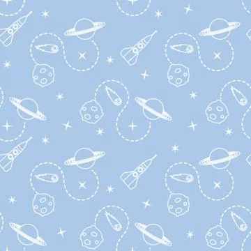 Space seamless pattern with rocket, planet, stars. 스톡 일러스트