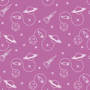 Space seamless pattern with rocket, planet, stars. Stock Illustration