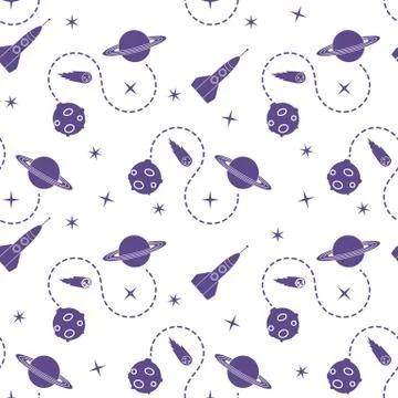 Space seamless pattern with rocket, planet, stars. 스톡 일러스트