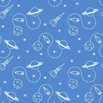 Space seamless pattern with rocket, planet, stars. Stock Illustration