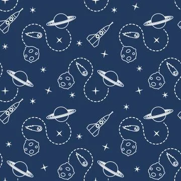 Space seamless pattern with rocket, planet, stars. Stock Illustration