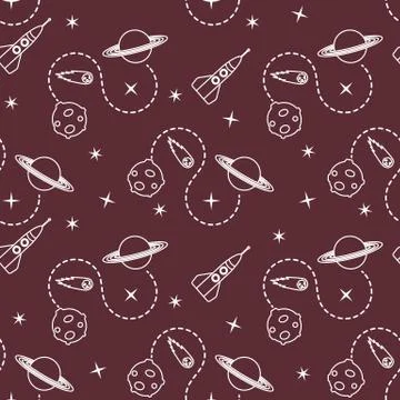 Space seamless pattern with rocket, planet, stars. 스톡 일러스트