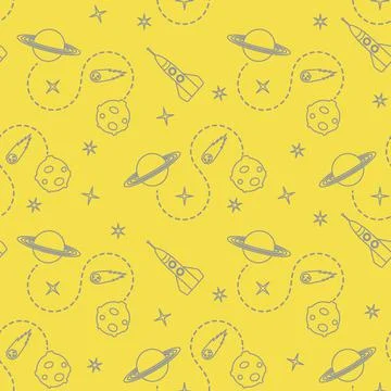 Space seamless pattern with rocket, planet, stars. Stock Illustration