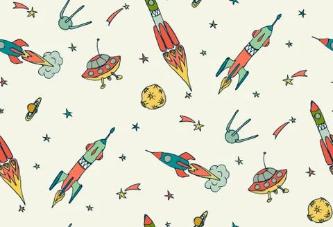 Space seamless pattern with rockets and spaceships. Hand drawn vector illustr Stock Illustration