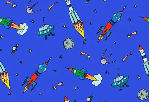 Space seamless pattern with rockets and spaceships. Hand drawn vector illustr Stock Illustration