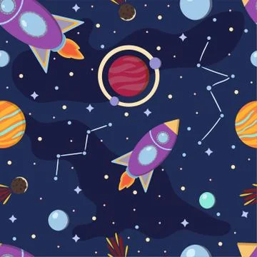 Space seamless pattern with rockets, planets, constellation and stars. Stock Illustration