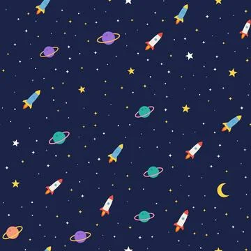 Space seamless pattern with rockets, ringed planets, moon and twinkling stars on Stock Illustration