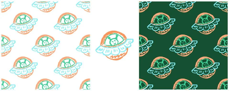 Space seamless pattern. Rockets, ufo. Set drawings with wax crayons. Print fo Stock Illustration