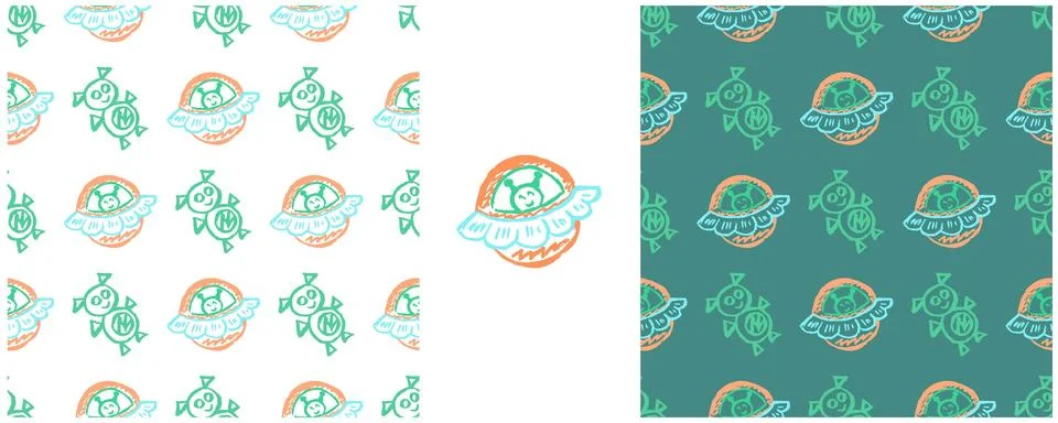 Space seamless pattern. Rockets, ufo. Set drawings with wax crayons. Print fo Stock Illustration
