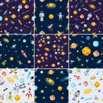 Space seamless pattern set background, alien spaceman, robot rocket and 스톡 일러스트