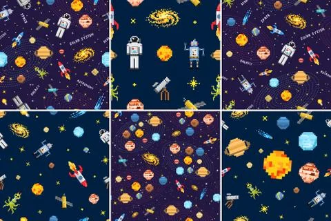 Space seamless pattern set background, alien spaceman, robot rocket and Stock Illustration