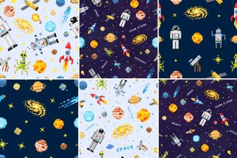 Space seamless pattern set background, alien spaceman, robot rocket and 스톡 일러스트